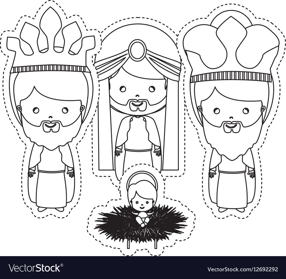Dotted sticker the three wise men with jesus baby vector image