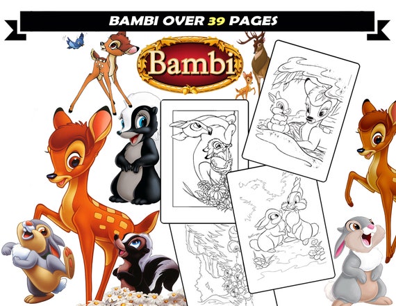 Bambi and thumper coloring printable pages for girls forest cartoon characters print for coloring instant download sheets for coloring