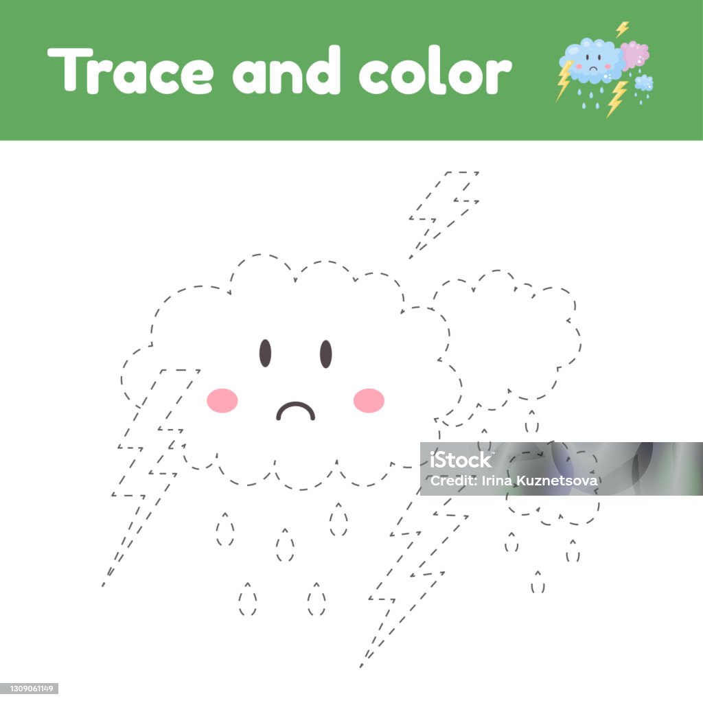 Coloring book with thunderstorm for kids kindergarten preschool and school age trace worksheet development of fine motor skills and handwriting stock illustration