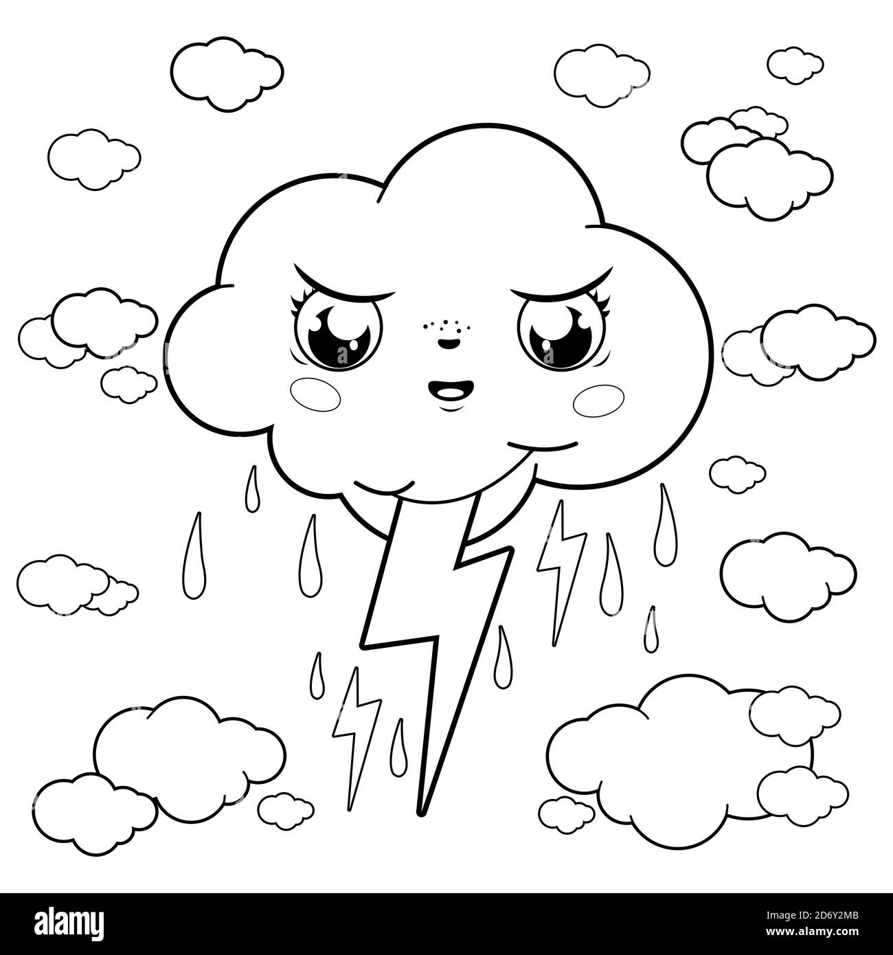 Stormy cloud character raining and thunder black and white coloring page stock photo