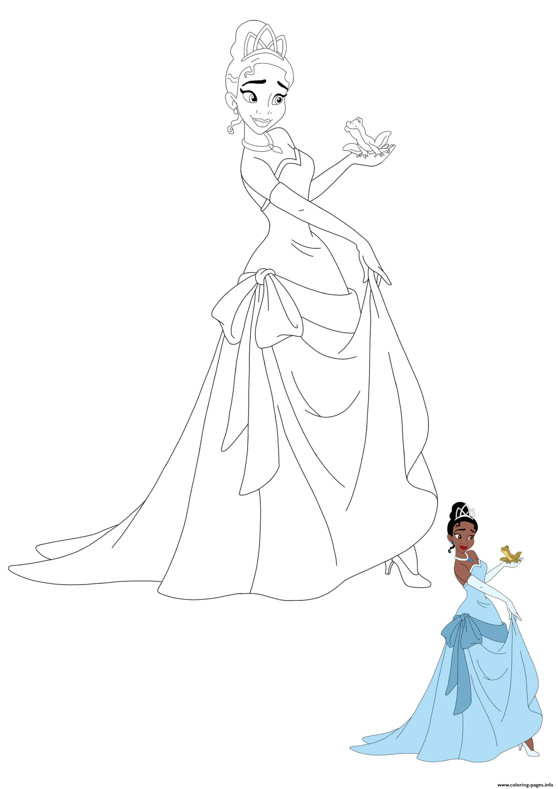 Princess tiana and prince naveen as a frog coloring page printable