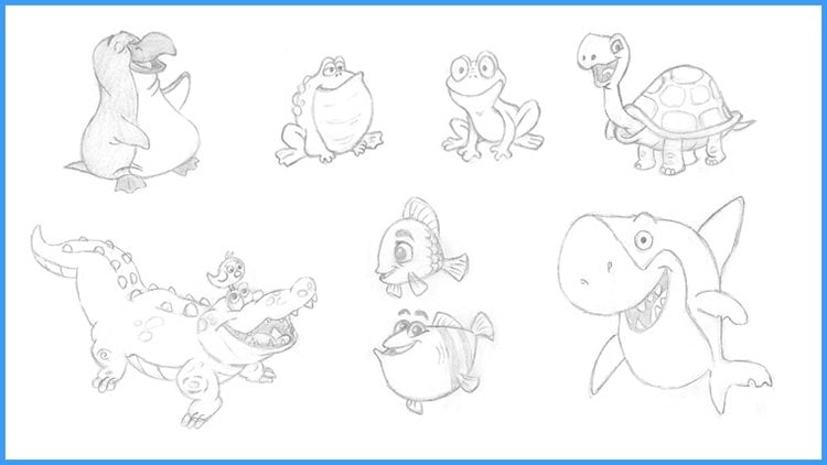 Dibujo de personajes de animales de mar tortuga tiburãn pescado ballenas pulpo cangrejo rana penguin amelie braun