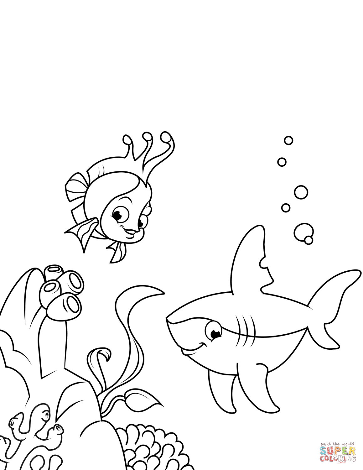 Cute shark and coral reef fish coloring page free printable coloring pages