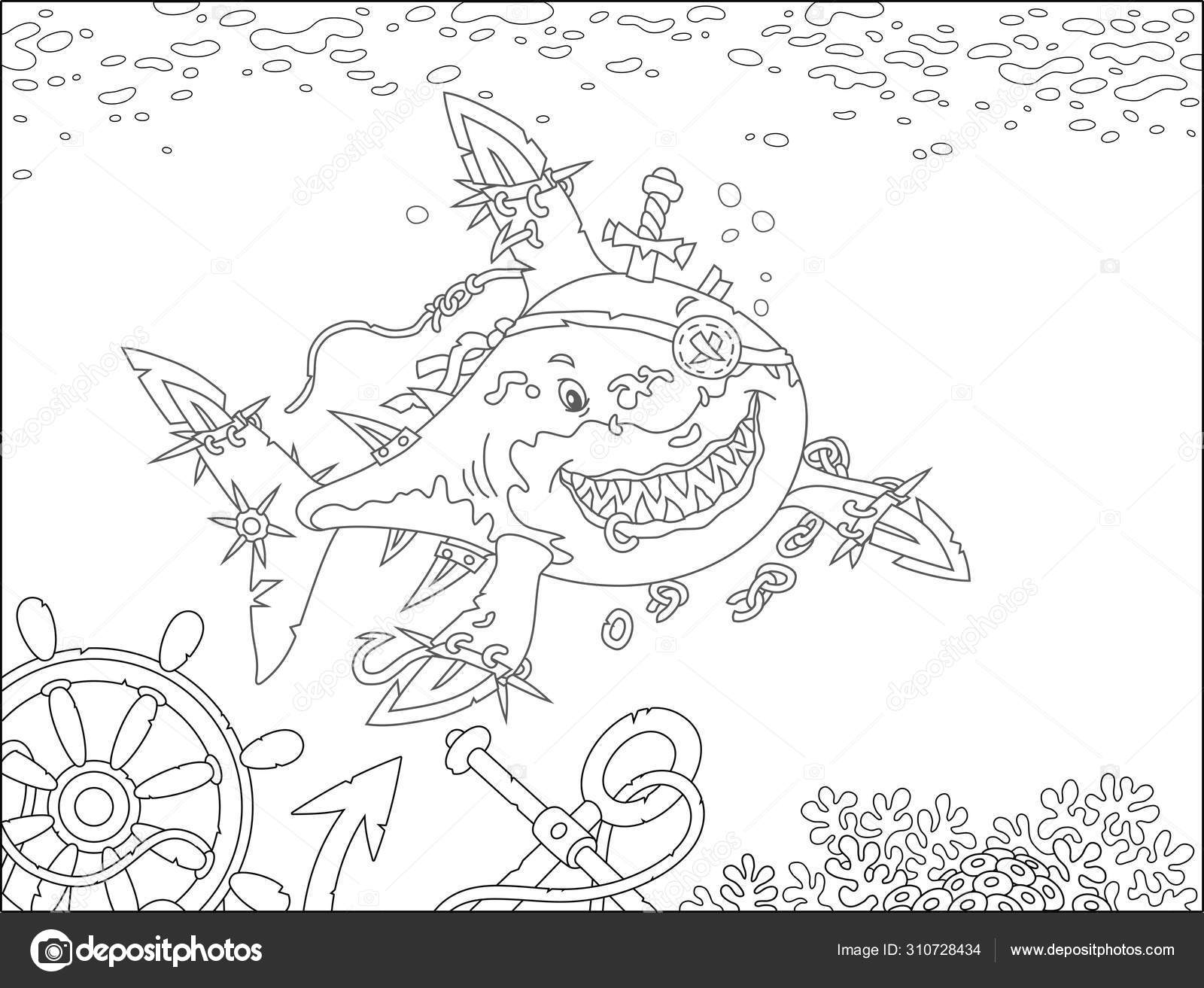 Perfidiosamente sonriente gran tiburãn blanco pirata con aletas sables atacando vector de stock por alexbannykh
