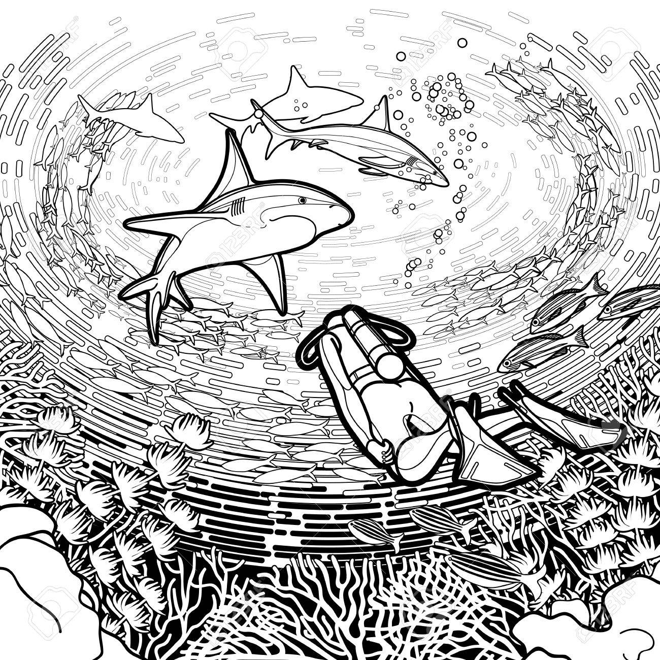 Graphic coral reaf scuba divers and sharks under the ocean water surface drawn in line art style marine vector illustration isolated on white background coloring book page design royalty free svg cliparts