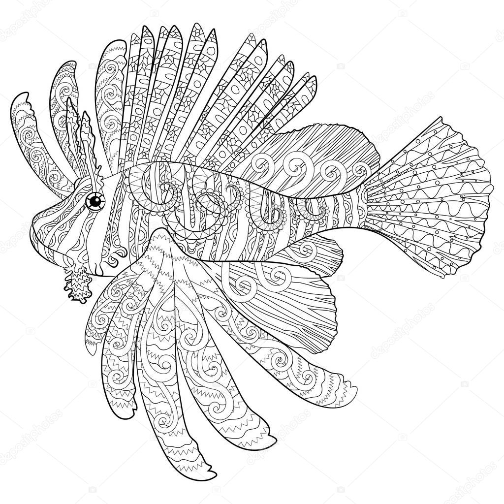 Pãgina para colorear con peces leãn en estilo estampado vector de stock de lezhepyoka