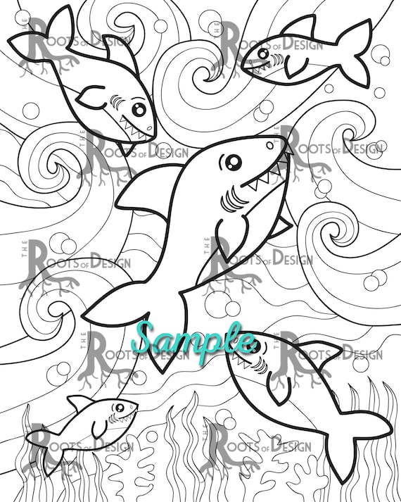 Instant download coloring page sharks doodle art printable