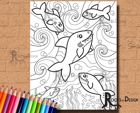 Instant download coloring page sharks doodle art printable