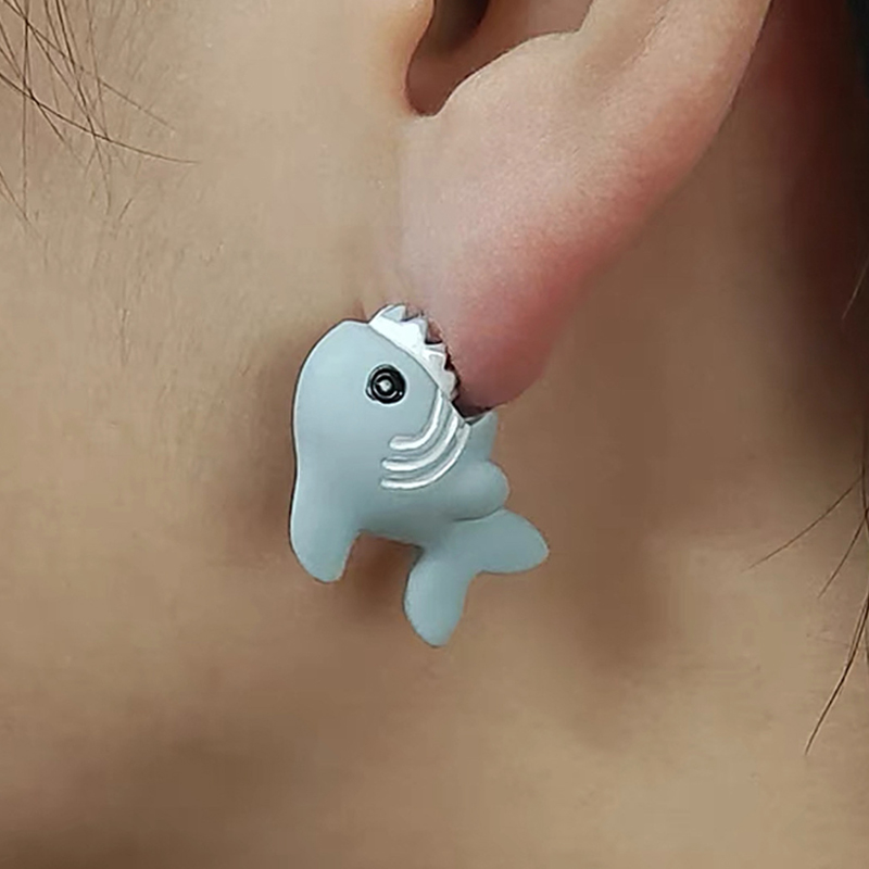 Cute animal bite ear studs shark earring pink green dinosaur earrings for teens girls jewelry accessories pendientes tiburon