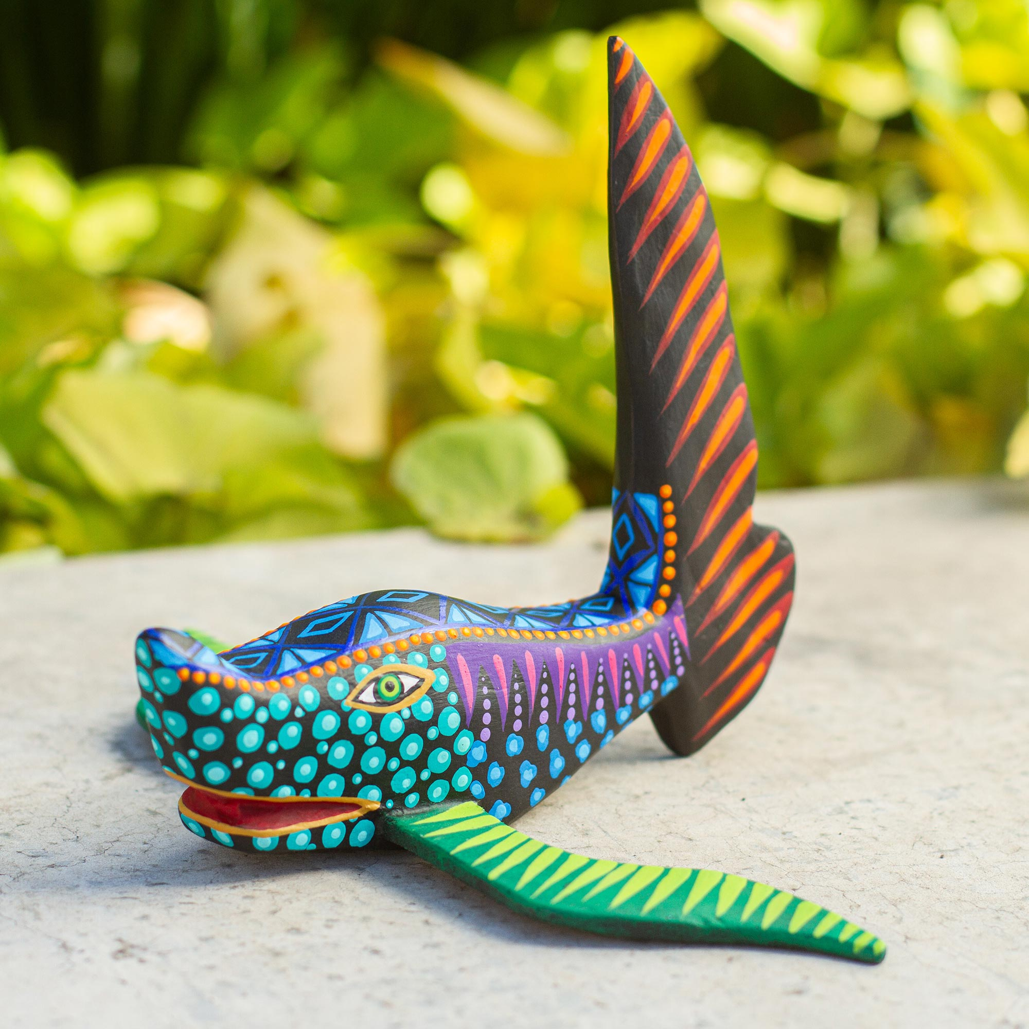 Artisan crafted multicolored alebrije shark wood sculpture
