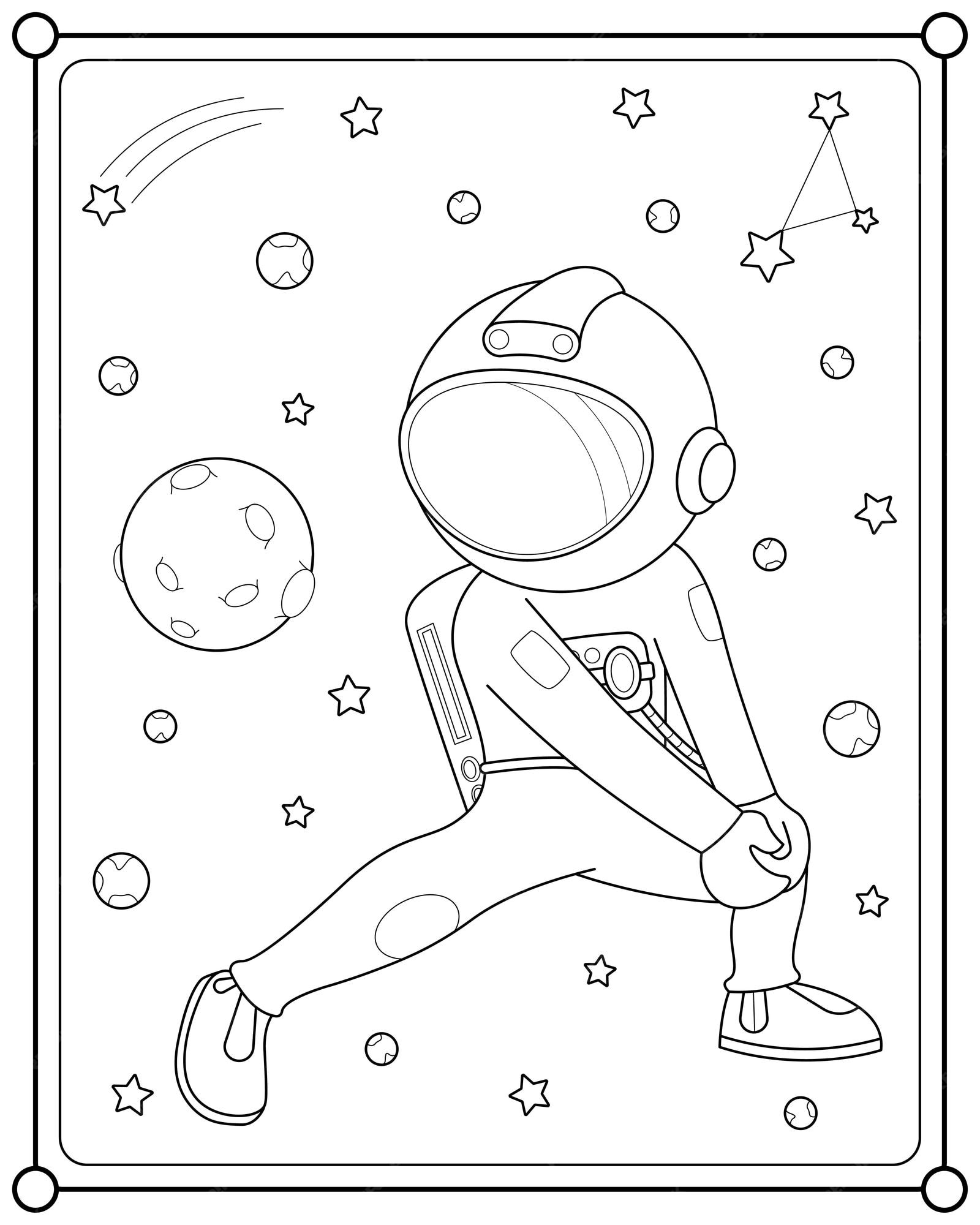 Premium vector cute astronaut playing moon ball in space suitable for childrens coloring page vector illustration