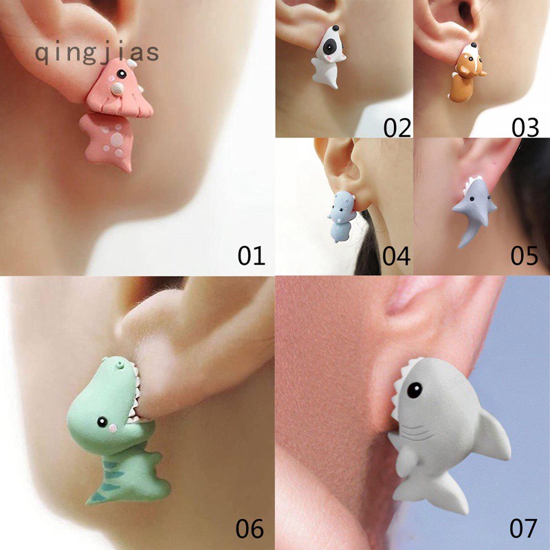 Pair cute animal dinosaur bite earring polymer clay studs fashion simple handmade polymer shark earrings for girls women malaysia