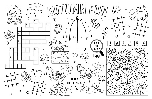 Vector autumn placemat for kids fall printable activity mat with maze tic tac toe charts connect the dots find difference crossword black and white play mat or coloring page with animals stock