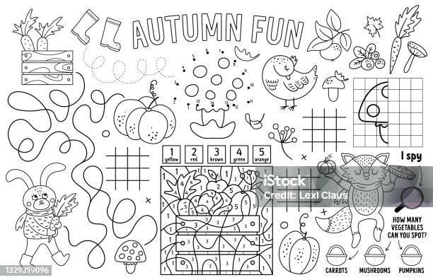 Vector autumn placemat for kids fall printable activity mat with maze tic tac toe charts connect