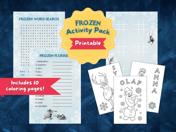 Frozen printable coloring pages activity set tic tac toe word search word scramble kids table games coloring book birthday party favor