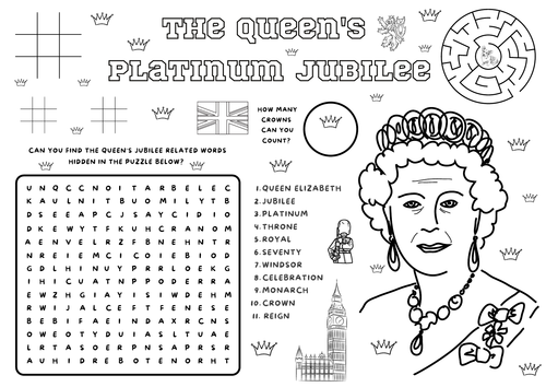 A the queens jubilee colouring page game activity sheet wordsearch tic