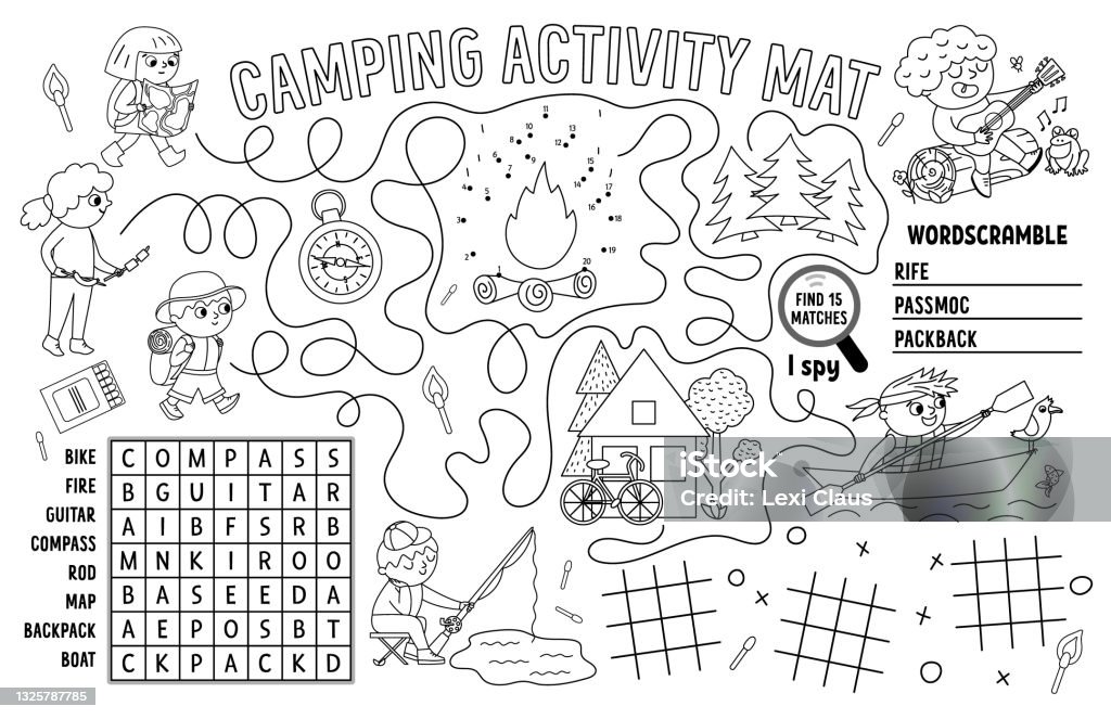 Vector camping placemat summer camp holidays printable activity mat with maze tic tac toe charts connect the dots wordsearch black and white play mat or coloring page with cute kids stock illustration
