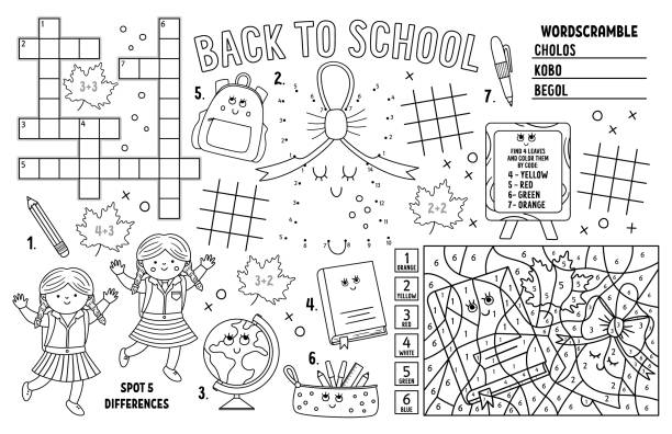 Vector back to school placemat for kids fall printable activity mat with maze tic tac toe charts connect the dots crossword black and white autumn play mat or coloring page with teacher