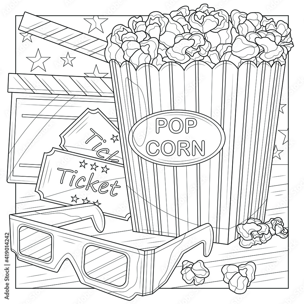 Popcorn with glasses and cinema ticketscoloring book antistress for children and adults illustration isolated on white backgroundzen