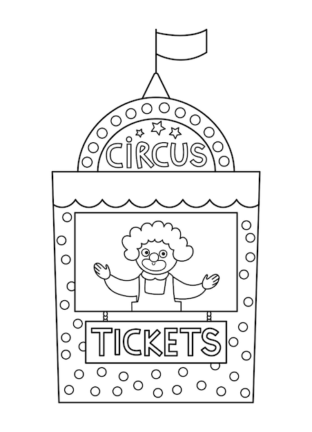 Premium vector vector black and white circus ticket box icon amusement park entrance control stall with funny clown cute line street festival entrance booth street show admission stand coloring pagexa