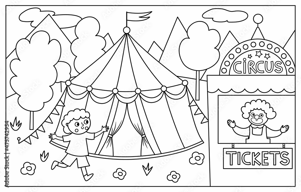 Vector black and white scene with circus marquee boy running to the ticket box with clown street show line background cute festival illustration amusement park coloring page vector
