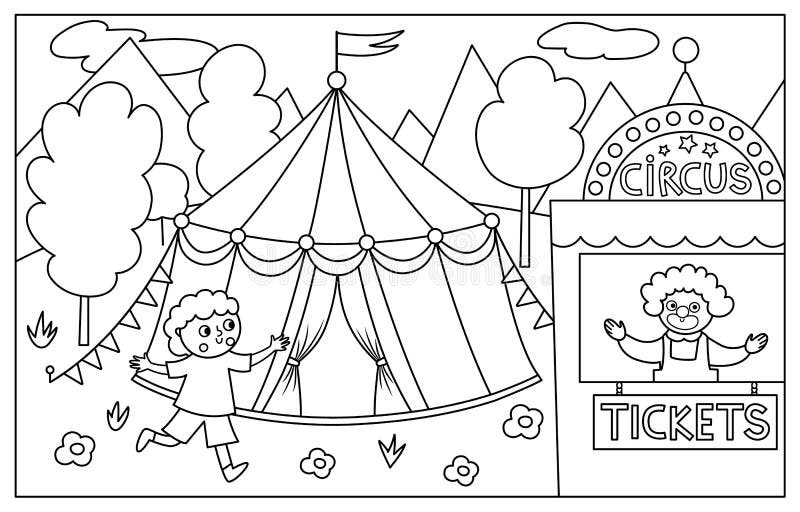 Vector black and white scene with circus marquee boy running to the ticket box with clown street show line background stock vector