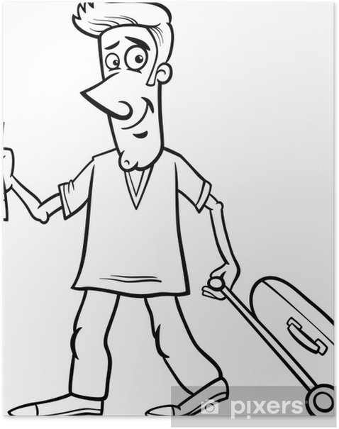 Poster man with flight ticket coloring page