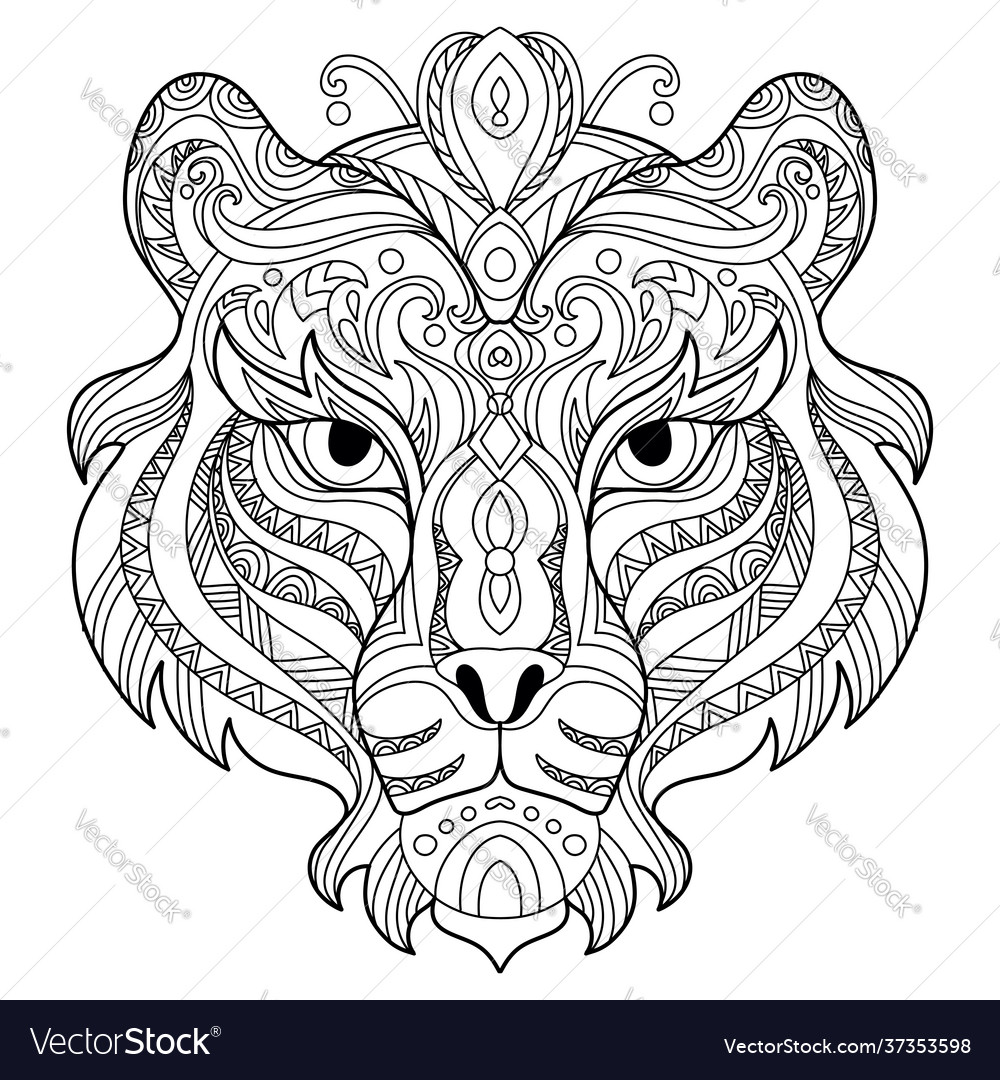 Tangle tiger coloring book page for adult vector image