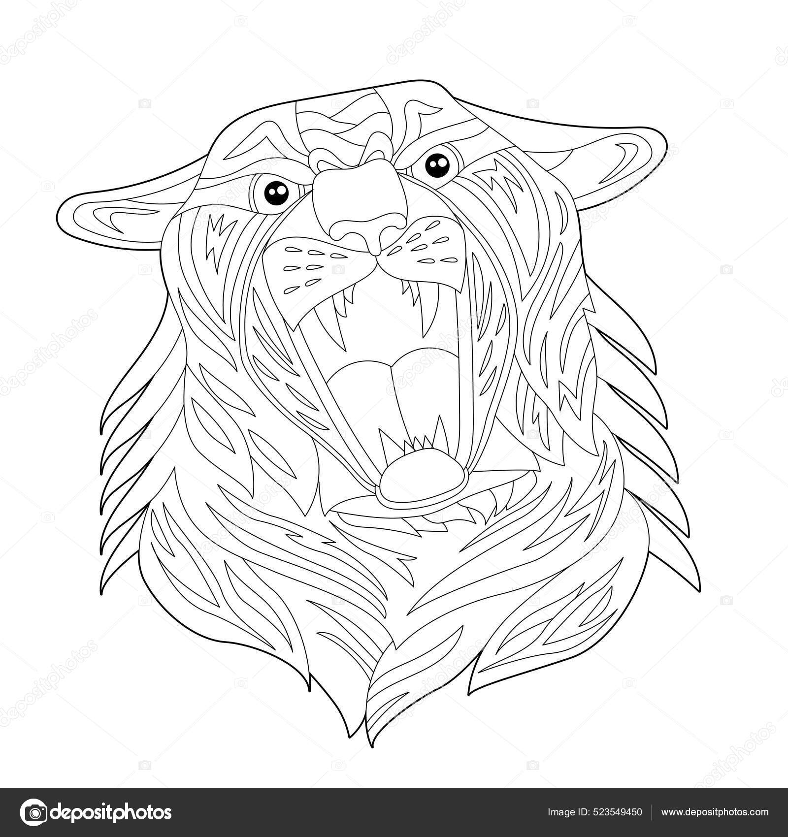 Contour linear illustration coloring book decorative tiger head beautiful animal stock vector by nurrka