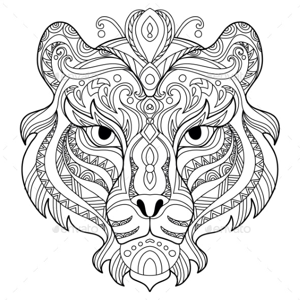 Tangle tiger coloring book page for adult vectors