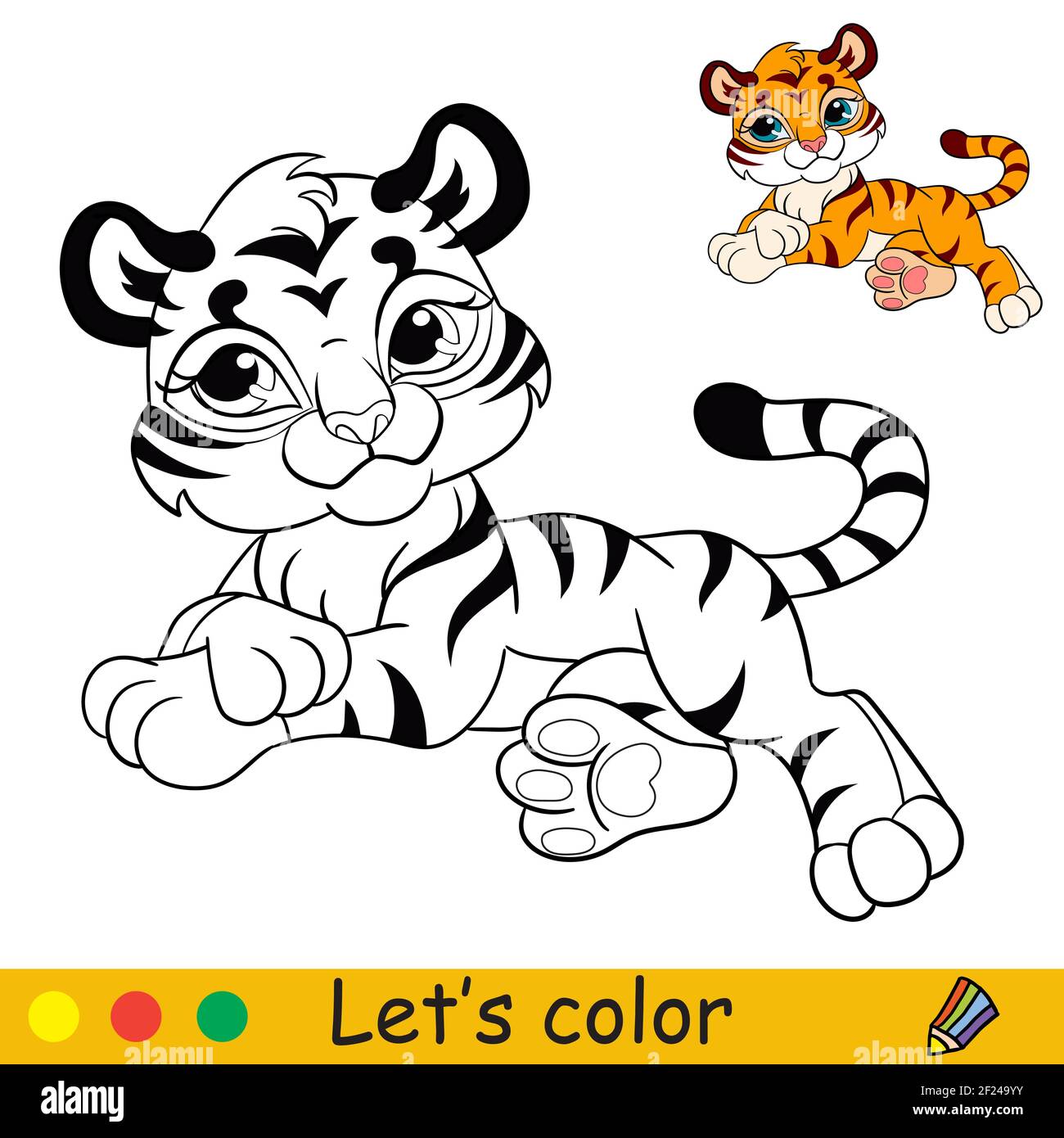 Cute lying tiger cartoon character tiger coloring book page with colorful template vector contour illustration isolated on white background for co stock vector image art