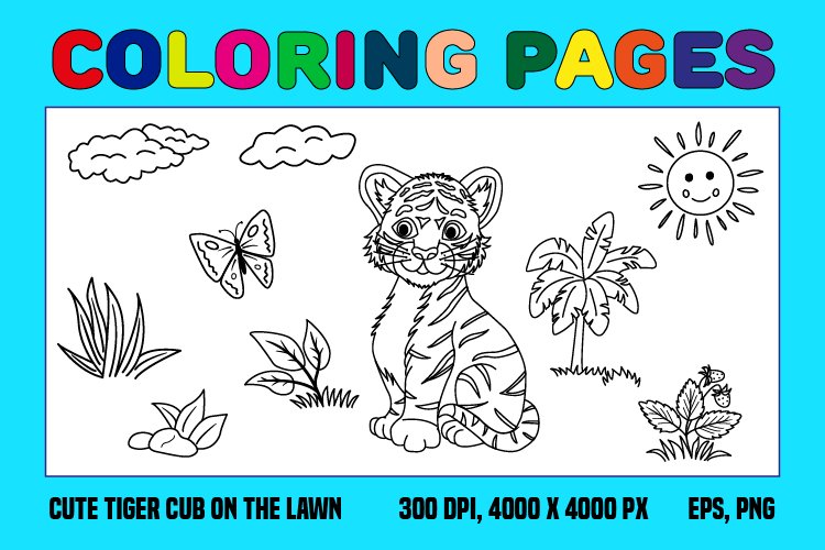 Cute tiger cub on the lawn coloring pages