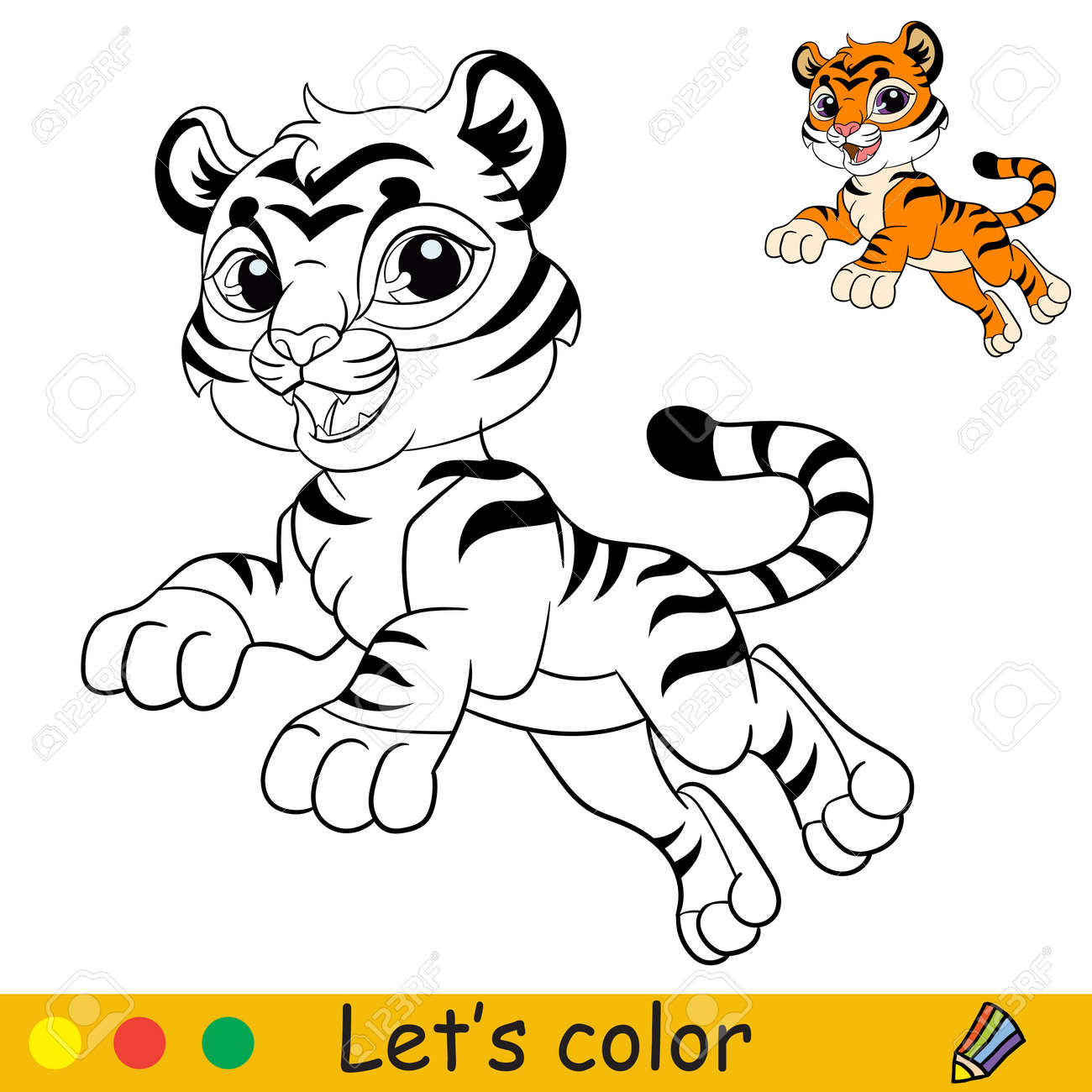 Cute jumping tiger cartoon character tiger coloring book page with colorful template vector contour isolated illustration for coloring book preschool education print and game royalty free svg cliparts vectors and stock illustration