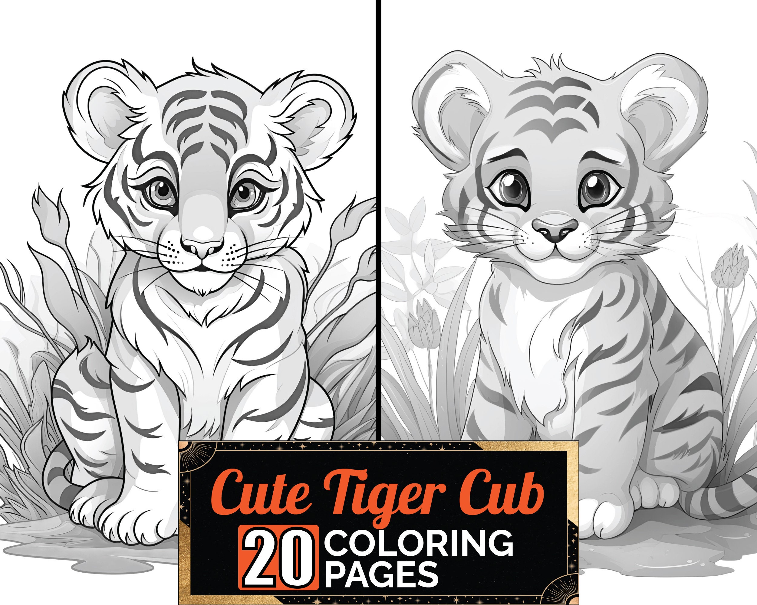 Cute tiger cub coloring book detail greyscale adult kid animal big cat colouring page a size sheet printable digital pdf download