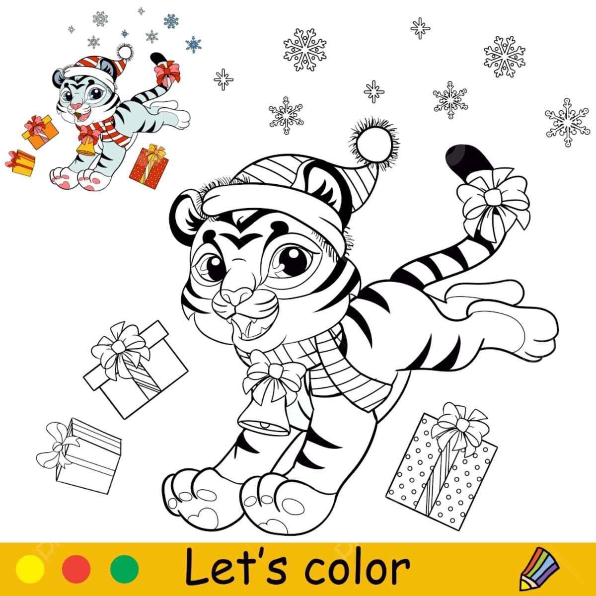 Tiger cubs vector hd png images coloring page with cute running tiger cub and christmas presents christmas drawing tiger drawing present drawing png image for free download