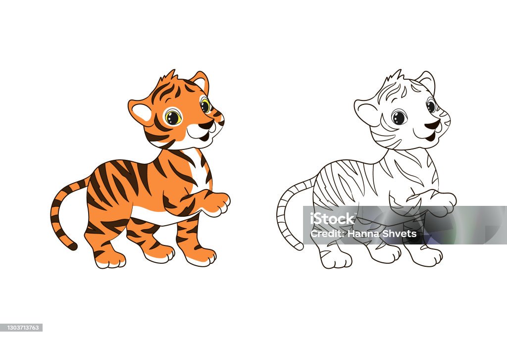 Coloring book for children little striped tiger cub vector illustration in cartoon style isolated line art stock illustration