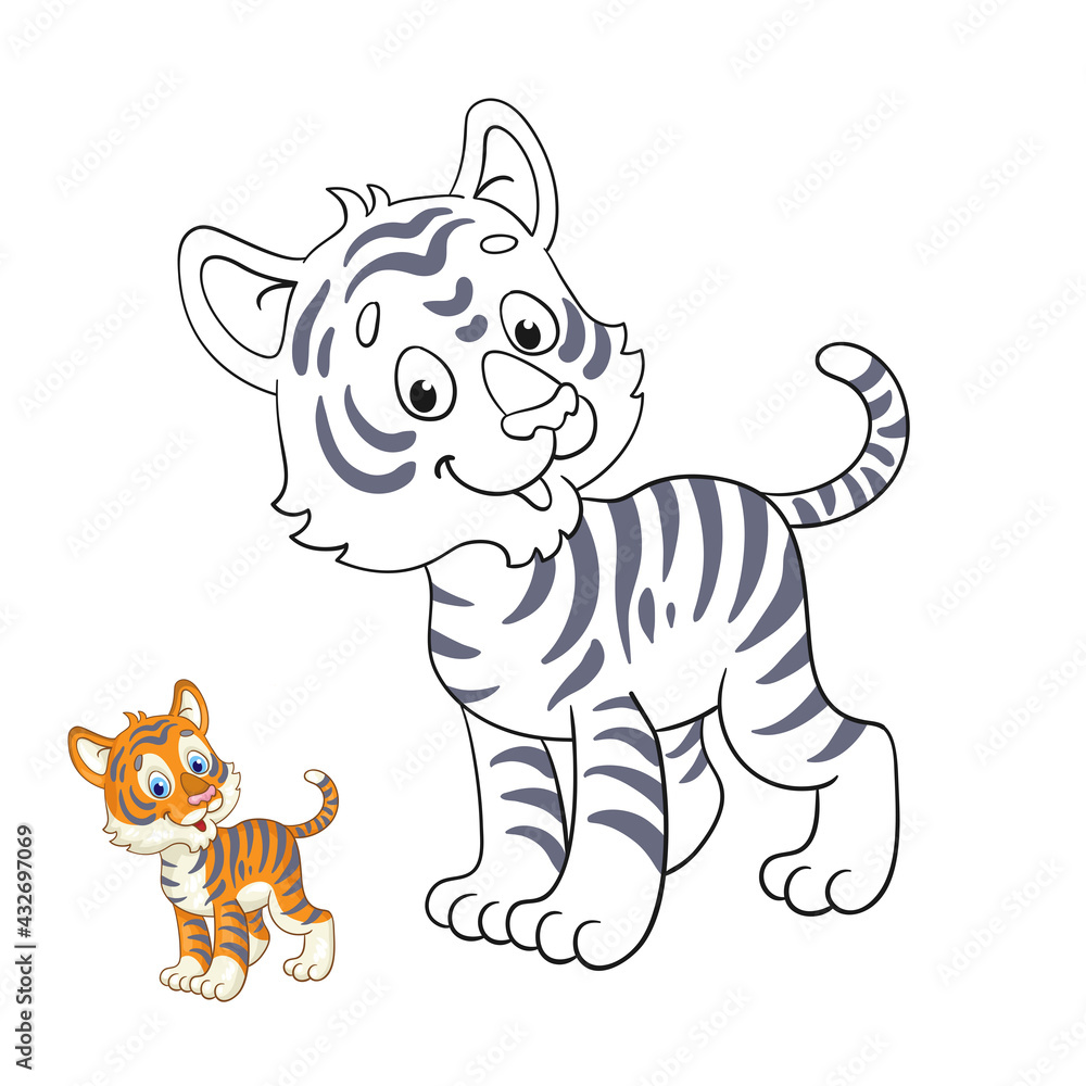 Cute little tiger cub black and white picture for coloring book with a colorful example in cartoon style isolated on white background vector illustration vector