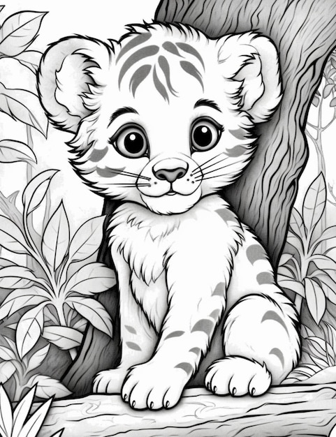 Premium ai image coloring pages of a baby tiger cub sitting on a tree branch generative ai