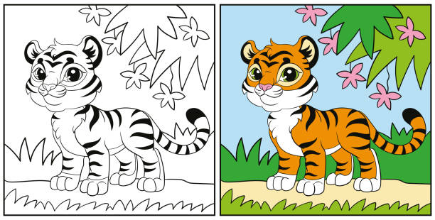 Coloring for kids cute tiger cub in the forest vector stock illustration