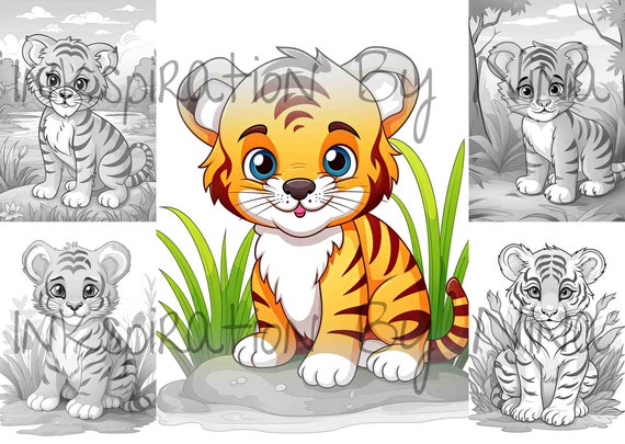 Cute tiger cub coloring book detail greyscale adult kid animal big cat colouring page a size sheet printable digital pdf download