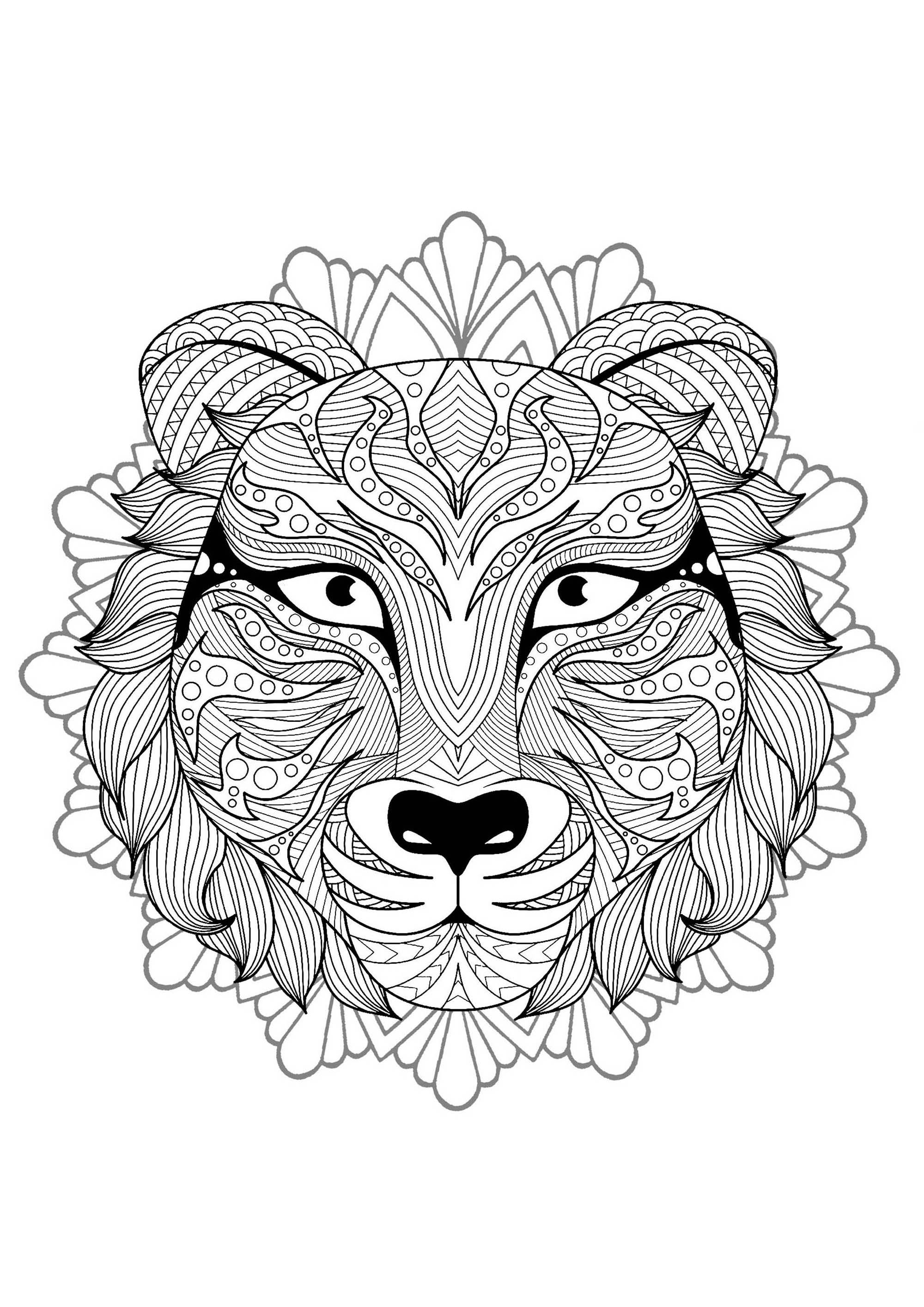Complex mandala coloring page with tiger