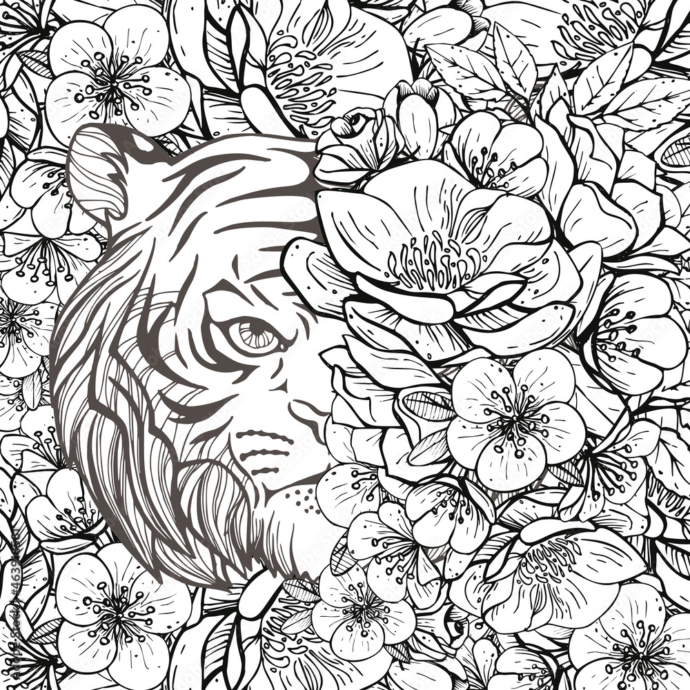 Colouring pictures with a tiger and flower art therapy coloring page for adults and children vector
