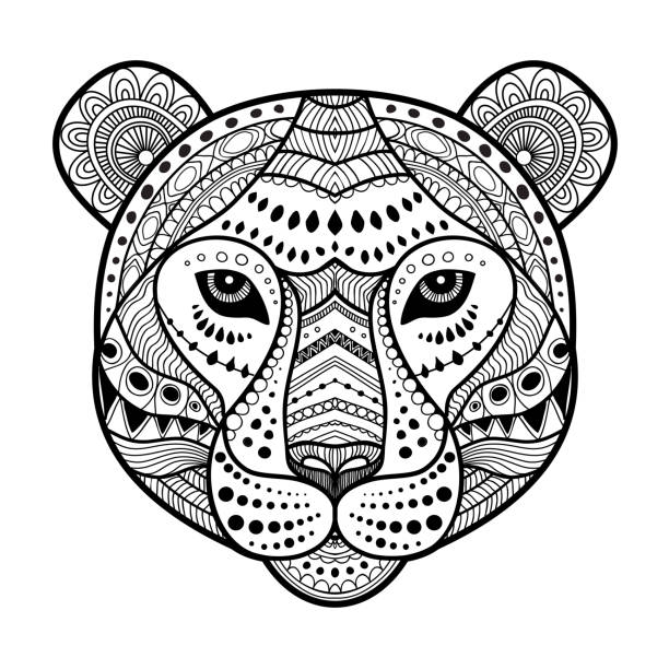 Tiger head zen art style illustration print in black and white stock illustration