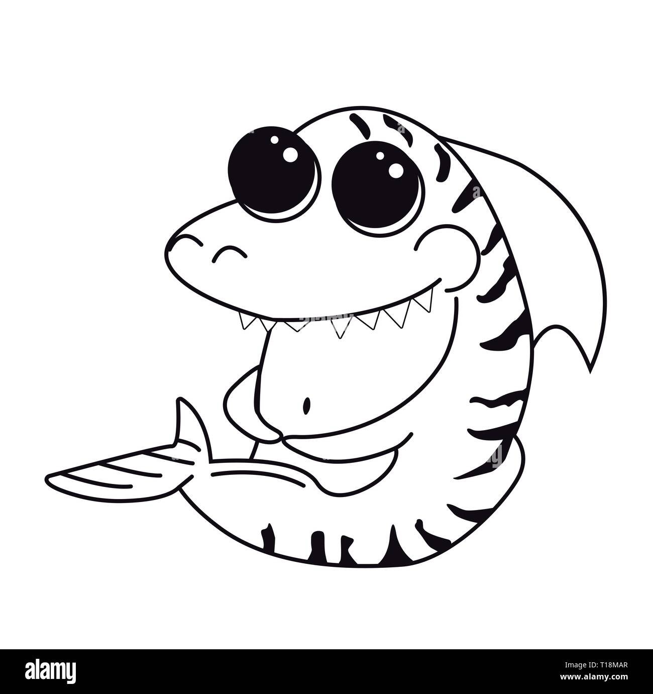 Coloring page tiger shark with big eyes cartoon funny isolated character ocean print for t