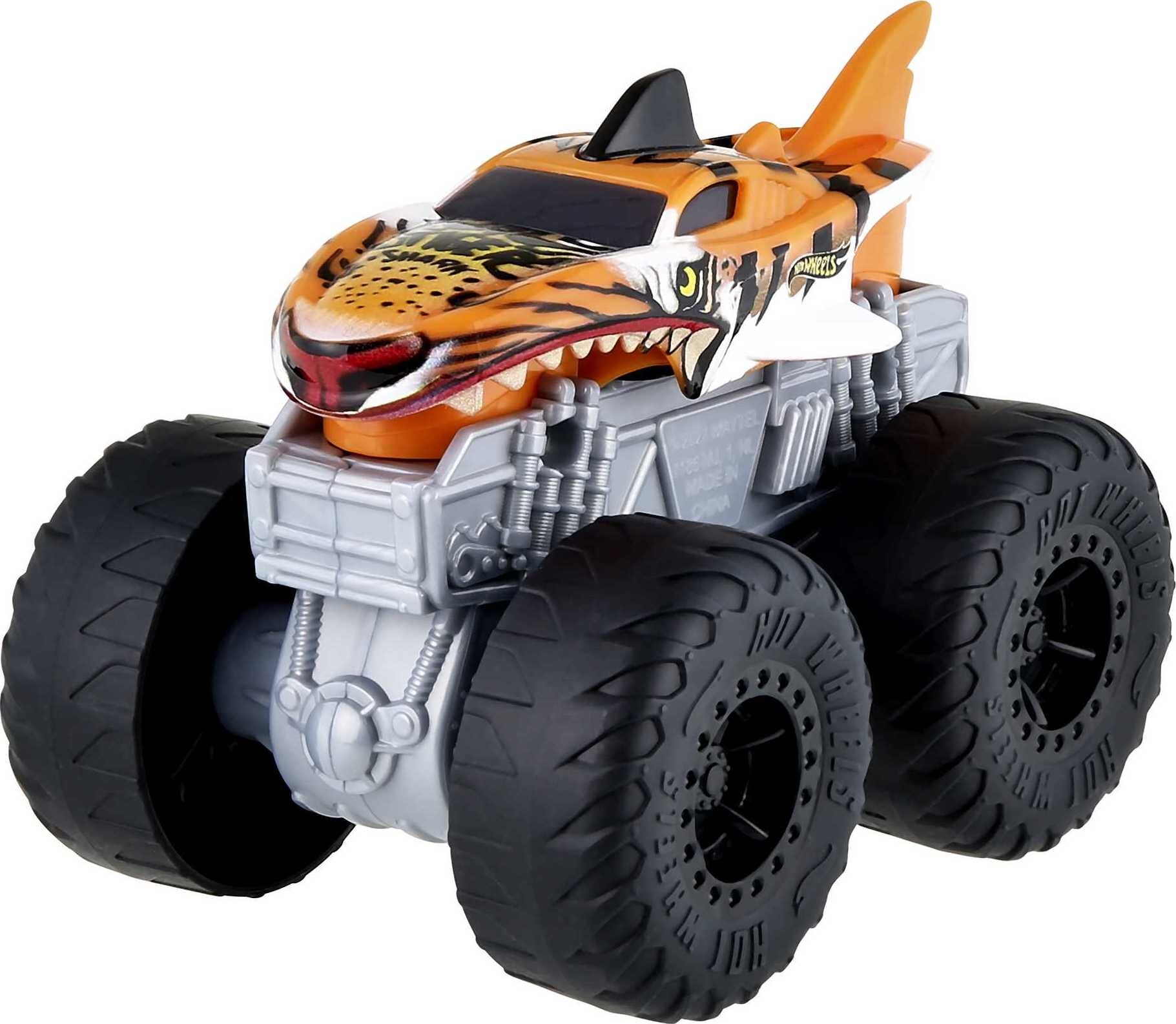 Hot wheels monster trucks roarin wreckers scale tiger shark toy truck with lights sounds