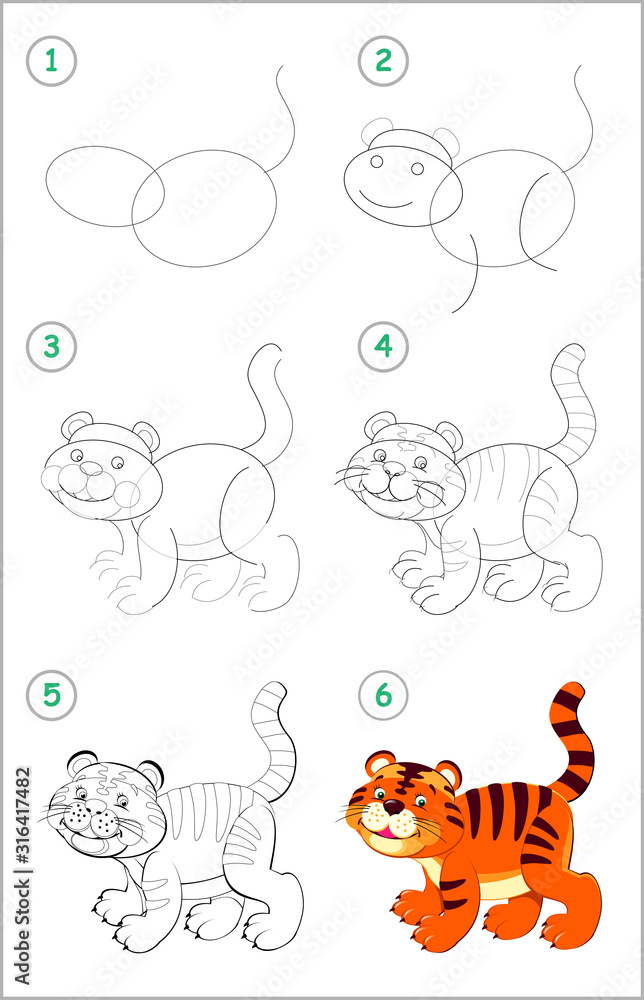 How to draw step by step a cute little toy tiger educational page for kids back