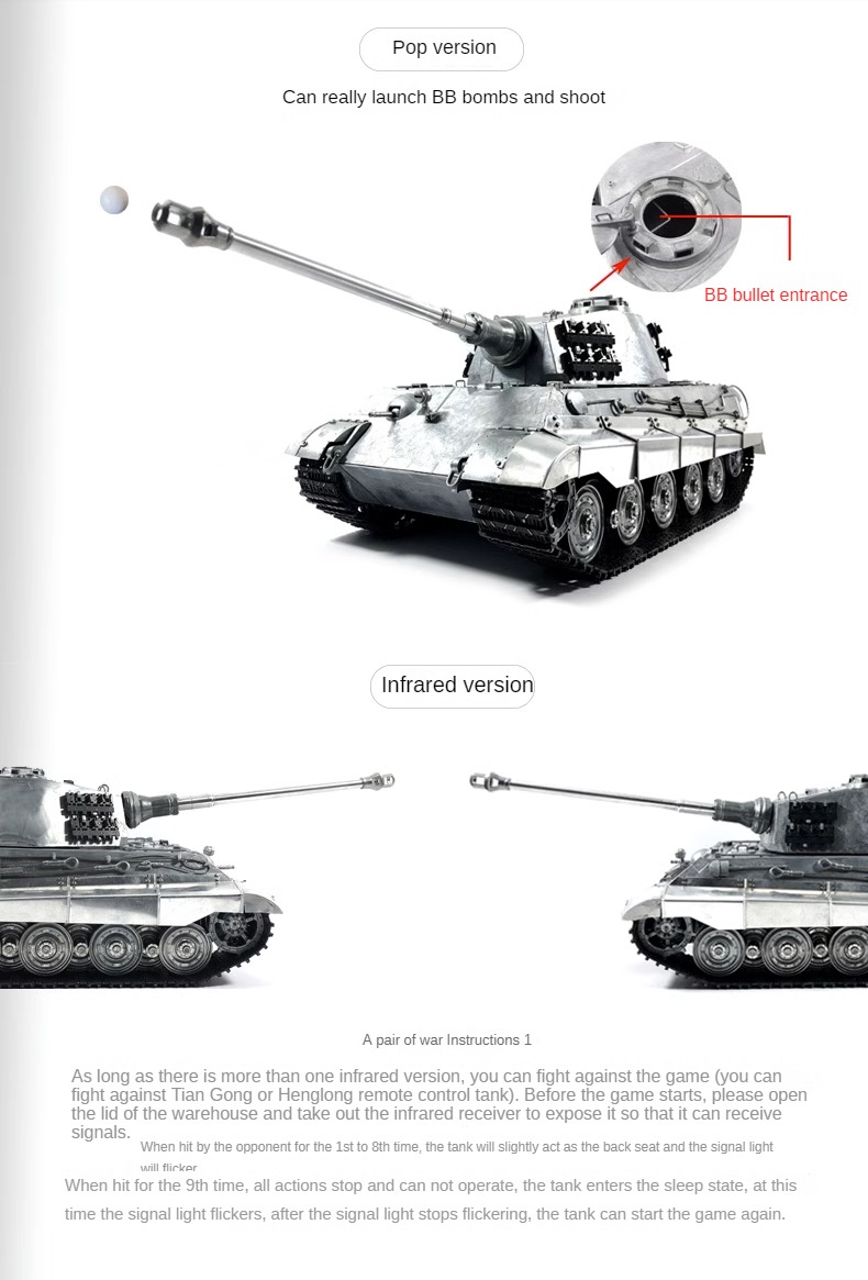 Rc tank full metal german tiger king rc model tank with lights smoke and sound playing infrared large military alloy toy