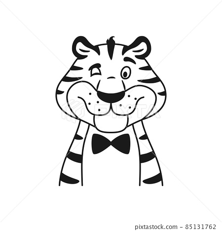 Black and white outline winking tiger portrait