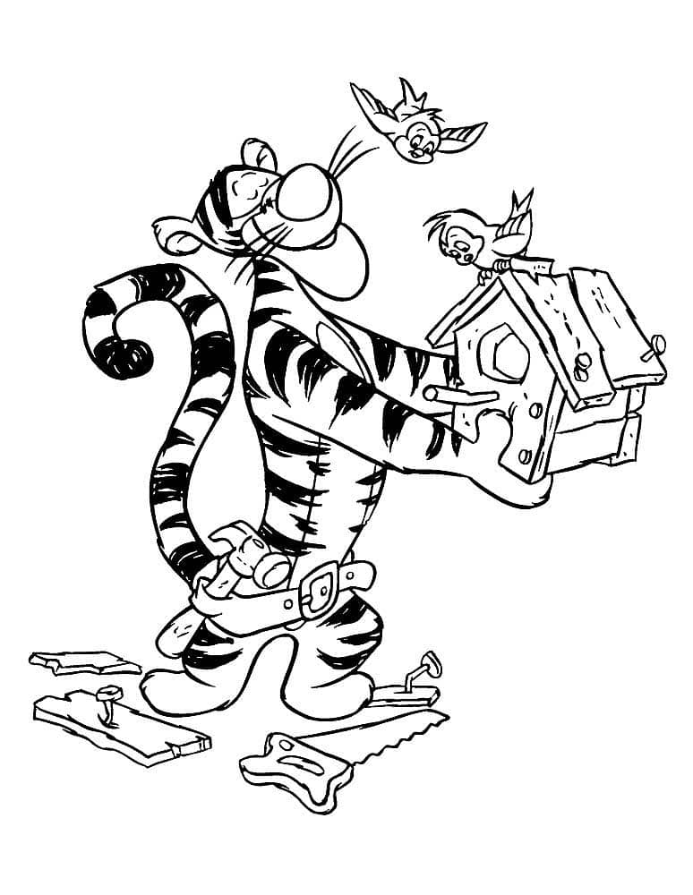 Sweet tiger from winnie the pooh making a birdhous coloring page