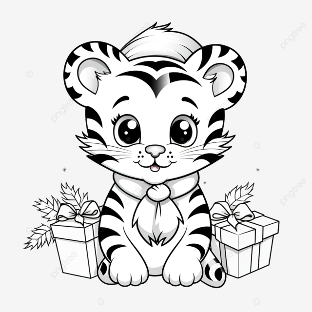 Coloring book with a cute tiger with twigs decoration christmas coloring book christmas coloring tiger cartoon png transparent image and clipart for free download